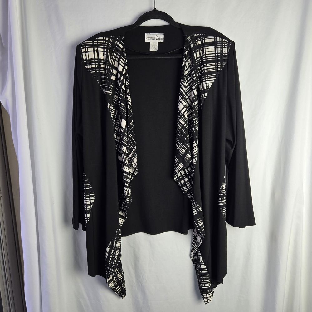 Vintage‎ Hosanna Design Womens 3XL Black White Geometric Open Cascade Cardigan